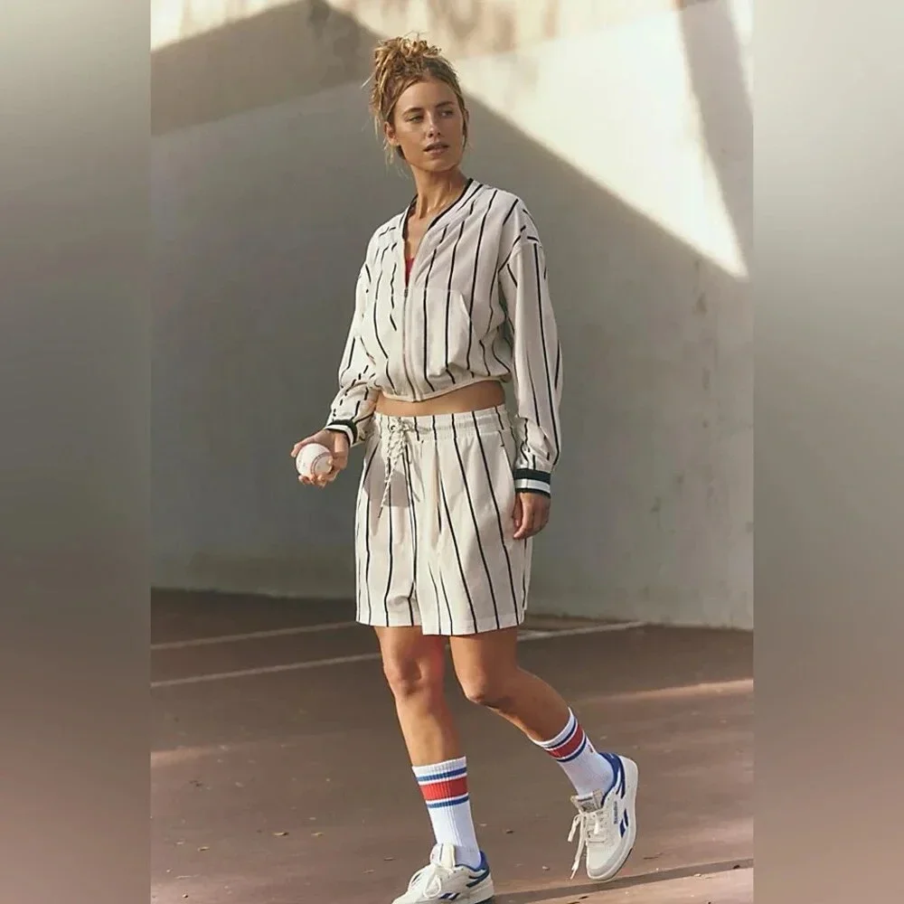 FP Movement Free People White Stripe Off Duty Top Shorts Set - Size XS - 0720LP